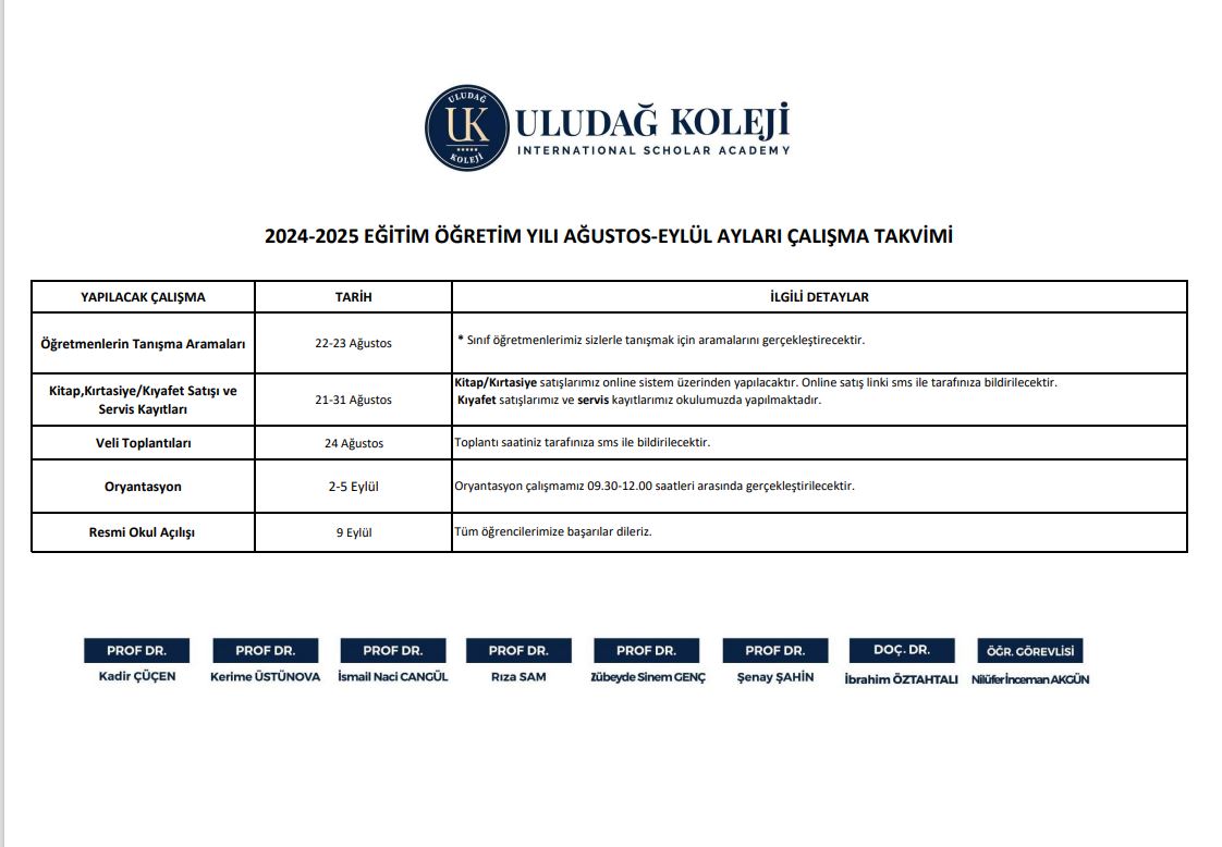 Uludağ koleji haber - ANASINIFI AĞUSTOS EYLÜL AYLARI ÇALIŞMA TAKVİMİ