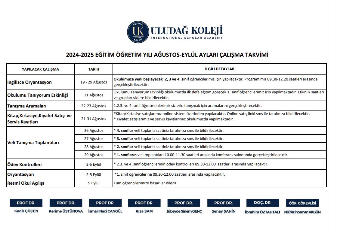 Uludağ koleji haber - İLKOKUL AĞUSTOS EYLÜL AYLARI ÇALIŞMA TAKVİMİ