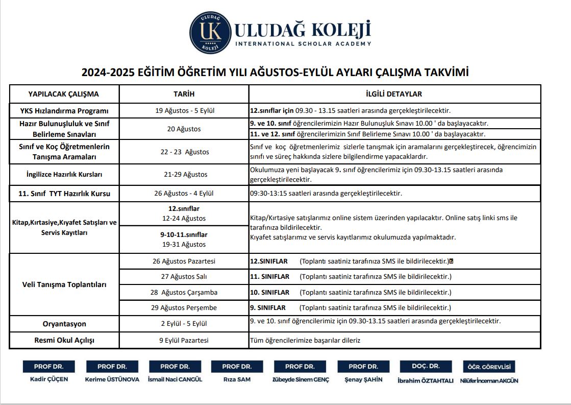 Uludağ koleji haber - LİSE  AĞUSTOS EYLÜL AYLARI ÇALIŞMA TAKVİMİ