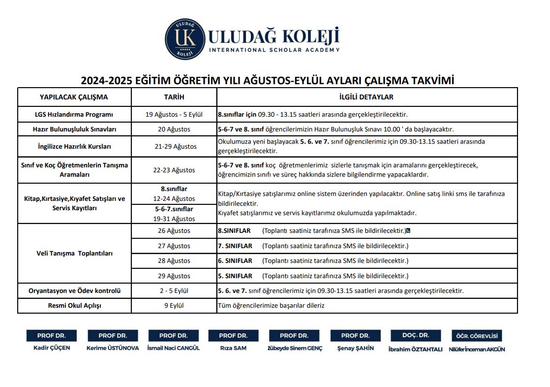 Uludağ koleji haber - ORTAOKUL AĞUSTOS EYLÜL AYLARI ÇALIŞMA TAKVİMİ